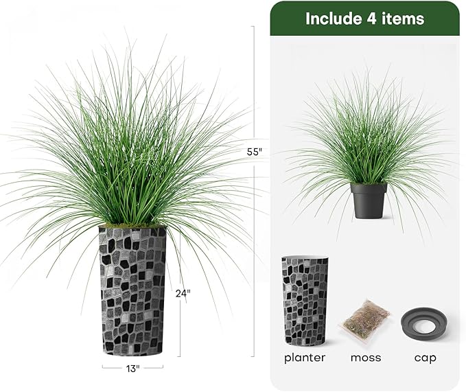 Artificial Tree in Modern Geometric Pattern Planter, Fake Onion Grass Silk Tree for Indoor and Outdoor Home Decoration - 55" Overall Tall (Plant Pot Plus Tree)