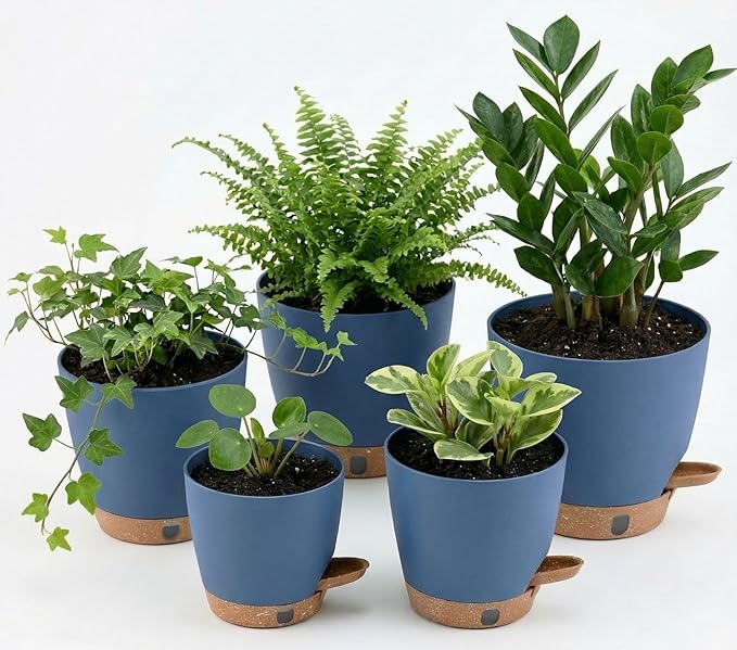 montresor 5-Pack 5/5.5/6/6.5/7 Inch Reservoir & Drainage Plastic Self Watering Flower Pots– Ocean Blue Indoor Plant Pots with Wick System for Peace Lily, Fern, Spider Plant