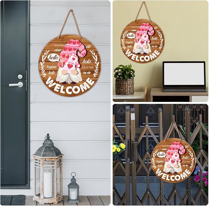 Interchangeable Gnome Welcome Sign Valentine's Day Door Decor, Changeable Gnomes Front Porch Decorations Wall Hanging Wood Wreath Hangers for Spring Summer Fall Winter All Seasons Holiday, Rufous
