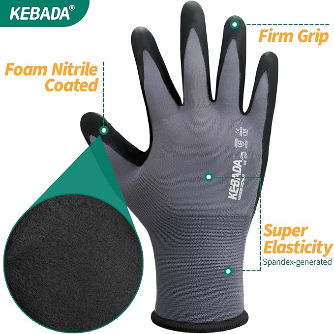 Kebada W5 Work Glove, Foam Nitrile Coated Safety Gloves with Grip, Knitted with Spandex and Nylon, Ideal for Warehouse, Gardening, XXL