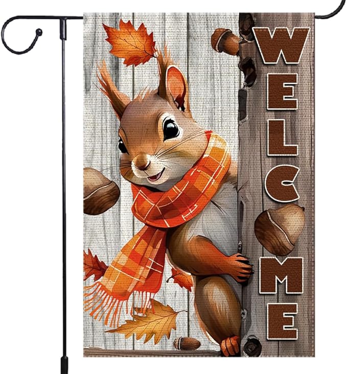Welcome Fall Garden Flag 12x18inch The Nut Squirrel Fall Autumn Thanksgiving Garden Flags Yard Porch House Flag Double-Side For Home Outdoor Yard Patio Lawn Decor, Garden Decorations