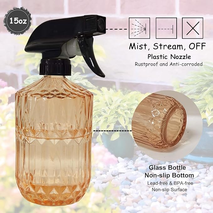 Glass Handheld Spray Bottle, 15oz Refillable Plant Mister Bottle, Water Spray Bottle with Adjustable Mist Nozzle for Indoor Flowers, Outdoor Gardening, Cleaning, Hair and Pets Care (Orange)