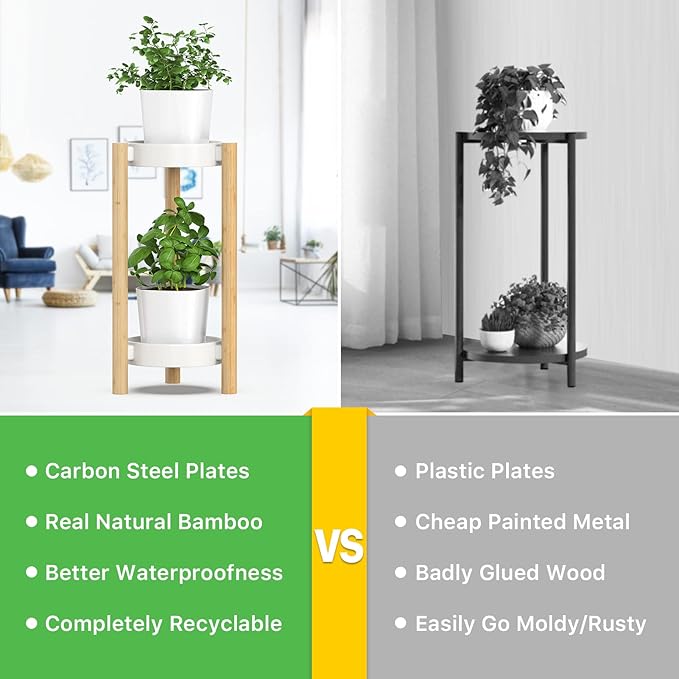 Wisuce Bamboo Plant Stands Indoor, 2 Tier Steel Tray Tall Corner Plant Stand Holder & Plant Display Rack for Outdoor Garden Indoor Home (2 Tier)