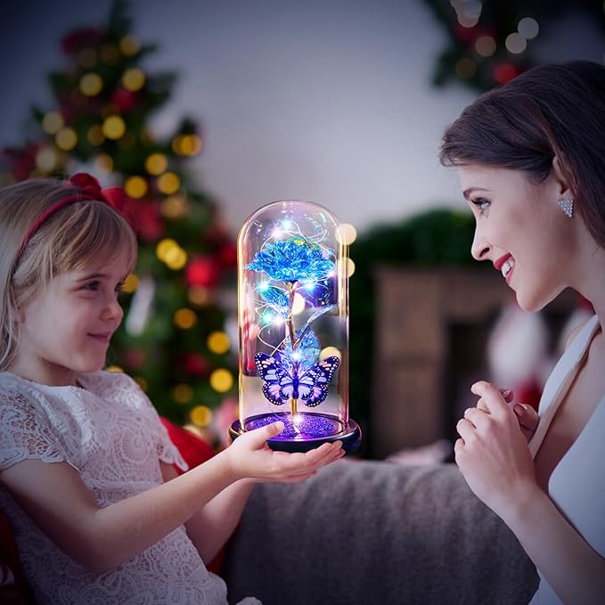Valentines Day Rose Gifts for Her, Birthday Gift for Women Galaxy Glass Rose in Glass Dome Forever Eternal Crystal Flower with Butterfly Valentine Gifts for Women Daughter Mom Wife Girlfriend Blue