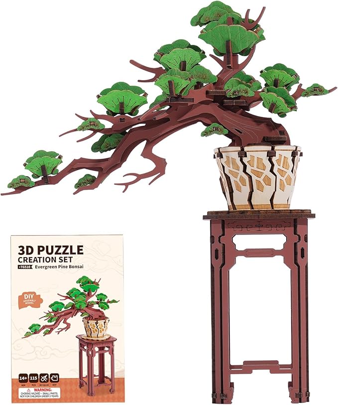 Wowood 3D Wooden Puzzle for Adults - Evergreen Pine Bonsai, DIY Wood Model Kit, Creative Craft Kit, Unique Gift and Home Decor for Nature Lovers (115PCS)