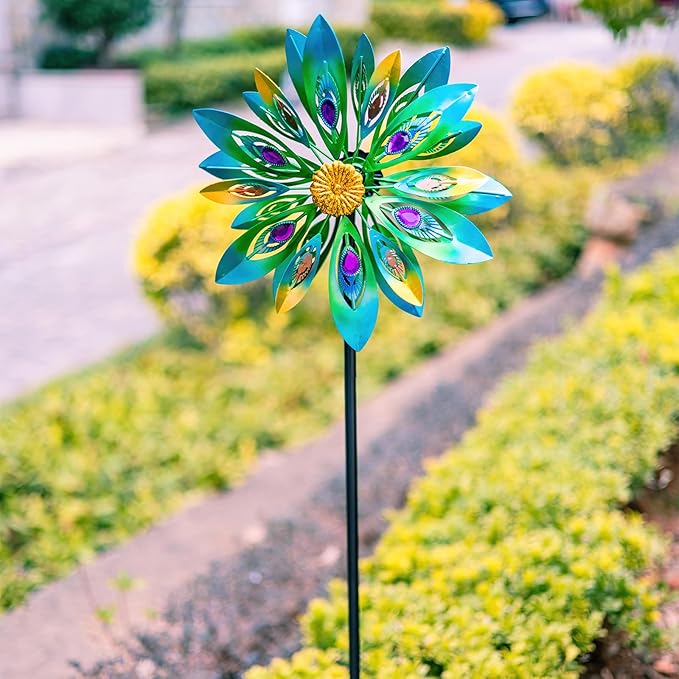 VEWOSTAR 53 Inch Wind Spinner - Outdoor Metal Peacock Wind Sculptures for Garden, Patio, Yard, Lawn Decorations Double Windmill Spinner