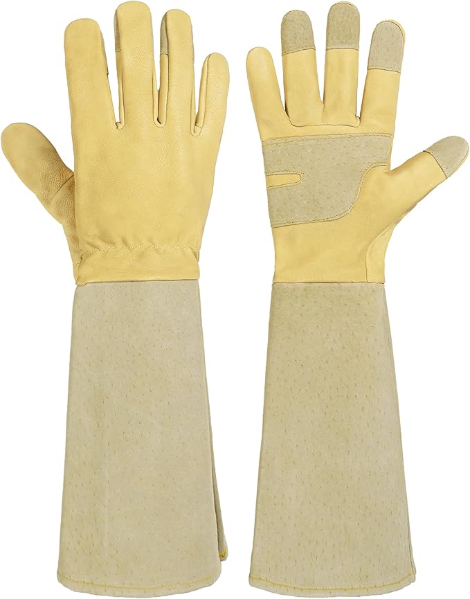 HANDLANDY Rose Pruning Gardening Gloves for Men Women, Thorn Proof Forearm Protection Leather Garden Gloves, Gardening Gifts for Gardeners (Beige- goatskin, Small (Pack of 1))