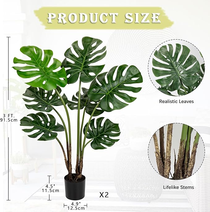 Hollyone 2 Pack Artificial Monstera Deliciosa Plant 3FT Tall Fake Tropical Palm Plants Trees Faux Monstera Indoor Swiss Cheese Plants for Indoor Outdoor Home Office Garden Living Room Decoration