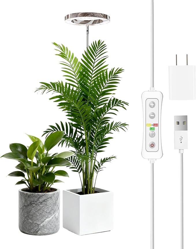 yadoker Plant Grow Light,LED Growing Light Full Spectrum for Indoor Plants,Aluminum Marble Grain Plant Lights,Height Adjustable, Automatic Timer, 5V Low Safe Voltage