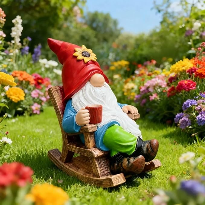Drinking Coffee Faceless Garden Gnome Statue Decoration - 7.2" Figurine Ornament for Indoor Outdoor Home Patio Yard Lawn - Lucky Gnome Unique Mom Birthday Gifts - Best Garden Gifts for Day