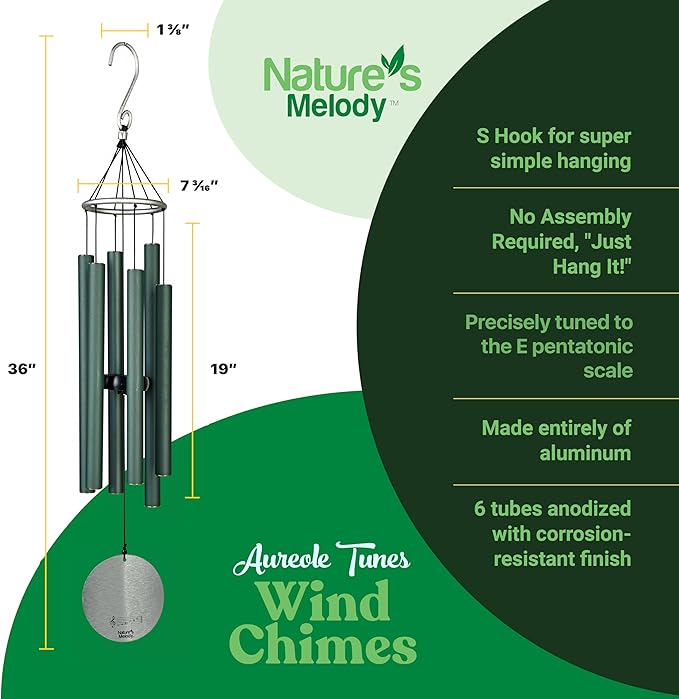 Nature’s Melody Aureole Tunes Wind Chimes – Outdoor Windchime with 6 Tubes Tuned to E Pentatonic Scale, 100% Rustproof Aluminum, Powder Finish & S Hook Hanger for Sympathy, Memorial Gift or Zen Garden