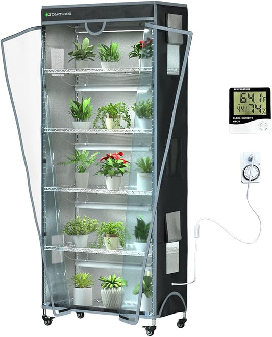 Indoor Greenhouse 6-Tier Plant Stand with Grow Lights, Fully Covered, Thermometer & Timer | 5 Sets T8 Lights, Perfect for Seedlings & Flowering, 30" W x 14" D x 72" H