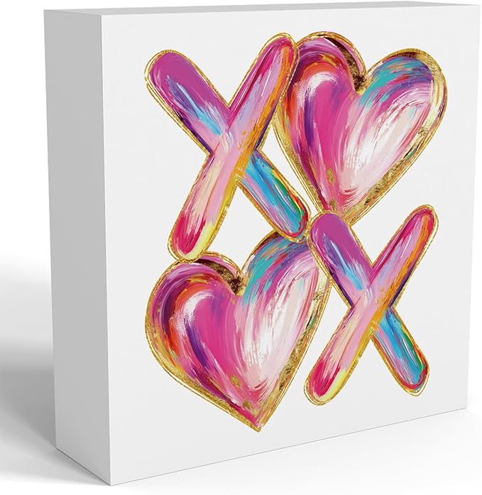 Valentines Day Decorations, Valentines Day Gifts for Her Him, Gift for Boyfriend Girlfriend, Romantic Pink Abstract Heart Anniversary Wooden Box Sign Husband Wife Home Office Bedroom Desk Decor