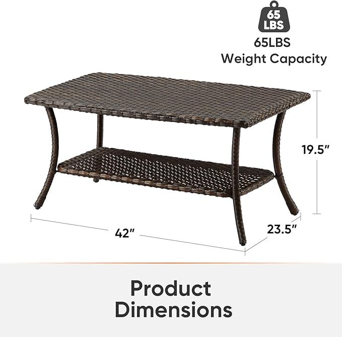 Wicker Outdoor Coffee Table,Rattan Outdoor Coffee Table with 2-Layer Storage Furniture Tables for Garden,Porch,Backyard