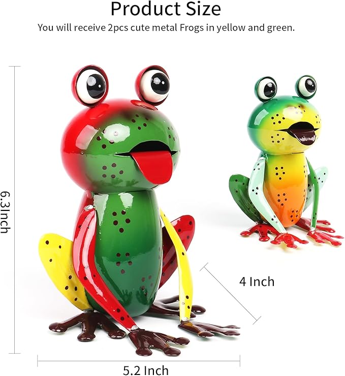 Metal Garden Decor Yard Art for Outside Set of 2 Cute Frogs Lawn Patio Ornaments Backyard Decorations Garden Gifts - (Yellow,Green)