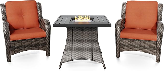 Joyside 3 Piece Wicker Patio Furniture Set with Fire Pit Table, Rattan Patio Chairs with High Back, Deep Seating, Wide Armrest, Thickened Cushions, Outdoor Furniture for Deck, Porch Use