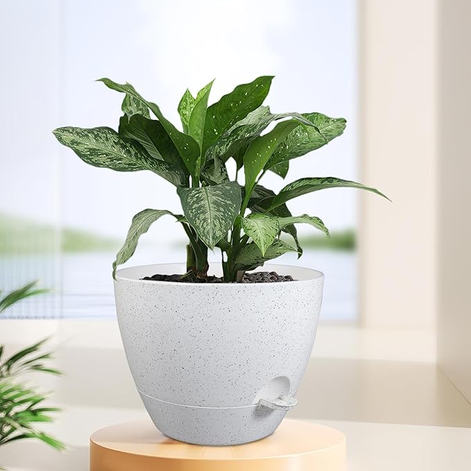 Meowell 12 inch Large Self Watering Pots for Indoor Outdoor Plants, Plant Pots with Mesh Drainage Holes for Garden House Plants, Plastic Planters with Reservoir for Flower, Speckled White