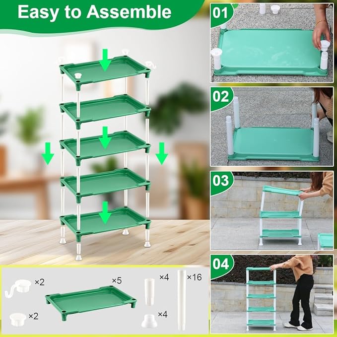 5-Tier Seedling Stand with 5 Trays, Designed for Seed Starter Tray and Small Pots for Plant Indoor Outdoor Growing (Green)