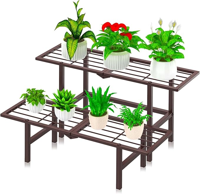 jsyonii 2 Tier Plant Stand Indoor Outdoor, Foldable Metal Ladder Plant Stands,Heavy Duty Tall Plant Shelf Flower Pot Holder Display Shelving for Garden Living Room Patio,Brown