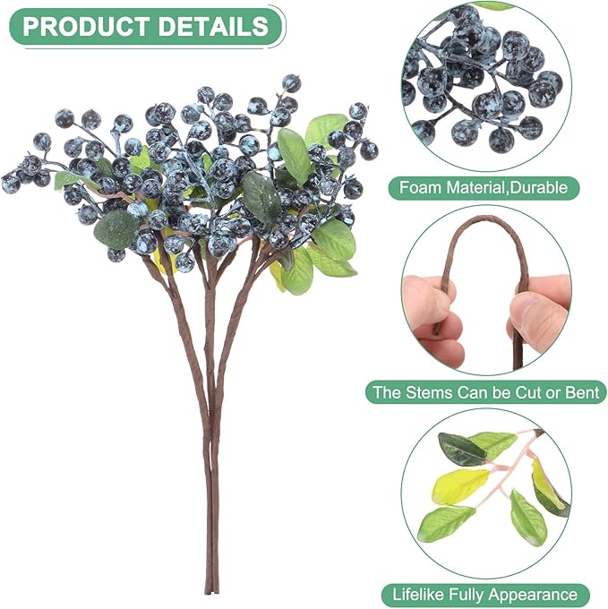 3-Pack Artificial Berry, 9.8 Inch Faux Holly Berry Foam Faux Frosted Berries with Stems for Home/Wedding/Christmas/DIY/Party/Garden/Office [Blueberry]