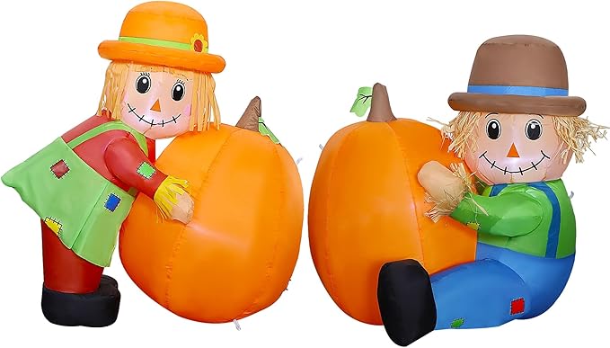 Lulu Home Thanksgiving Inflatable Decoration, Set of 2 Air Blown Scarecrow Couples with Built-in LED Lights for Fall Autumn Harvest Decor (Sitting & Standing Scarecrows)