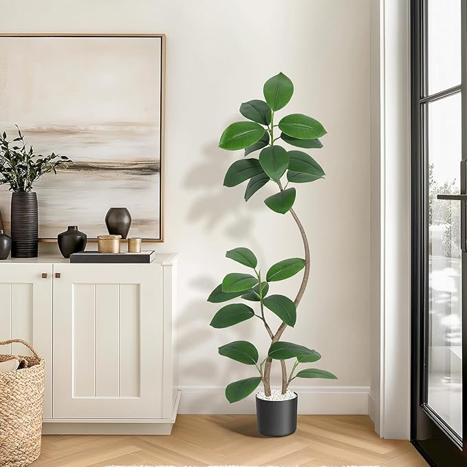 6 ft Artificial Plant Rubber Tree, Large Floor Tree Real Touch, Artificial Plants Indoor Potted with Black Sphere Resin Planter & Stone, Tall Plant Artificial Large Floor