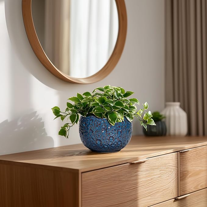 Thirtypot 6 Inch Plant Pot - Ceramic Pots for Plants with Drainage Hole, Round Orchid Pot, Unique Planter for Indoor Outdoor, Modern Decorative Flower Pots, Room Decor, Plant Lovers Gifts, Retro Blue