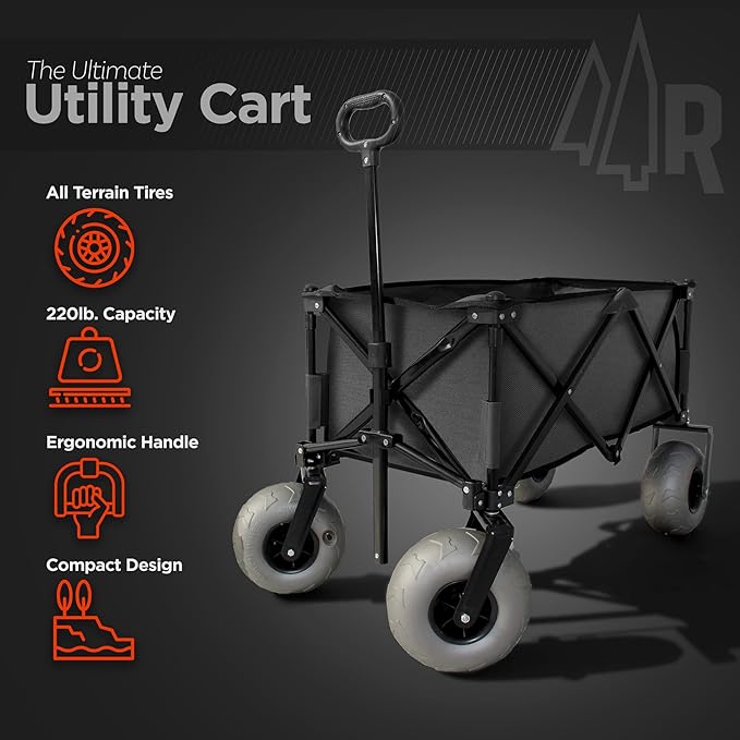 Beach Wagon with Big Wheels for Sand - All Terrain Steel Frame Utility Cart with 9" Pneumatic Tires, Collapsible Folding Design (Sand Warrior RX800 Black)