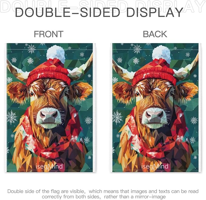 Highland Cow with Red Scarf and Hat Snowflake Christmas Garden Flag, 28x40 Inch Double Sided Linen Holiday Red Winter Farmhouse Yard Outdoor Decoration (4323)