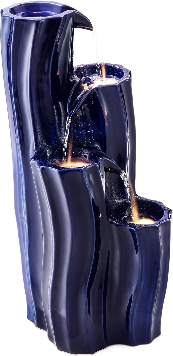 Glitzhome 30" Tall Outdoor Water Fountain with LED Light, Pump & Adapter, 4-Tier Cobalt Blue Wavy Texture Ceramic Cascading Garden Fountains Waterfalls for Porch Deck Patio Backyard