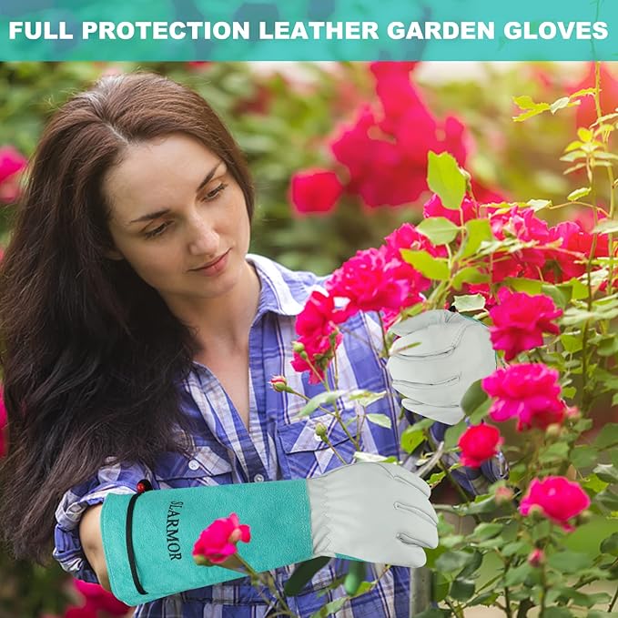 SLARMOR Long Gardening-Gloves Women/Men - Thorn proof Rose Pruning Heavy Duty Gauntlet, Best Garden Gifts for Gardener (Large, Green)