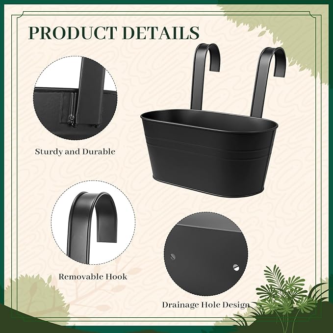 Romooa 16 Pcs Hanging Flower Pots Planters for Outdoor Metal Iron Wall Flower Planter Baskets for Railing Fence Balcony Garden Yard Home Indoor Decoration with Detachable Hooks(Black)