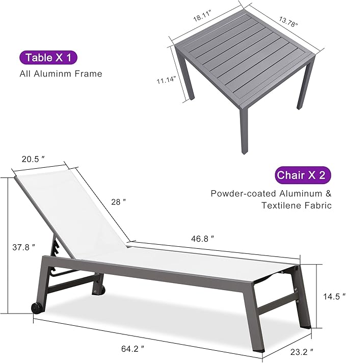 PURPLE LEAF Outdoor Lounge Chair Set for 2 Aluminum Patio Chaise Lounger with Wheels and Adjustable Backrest Pool Reclining Lounge Chairs for Beach Yard Poolside Table Included, White
