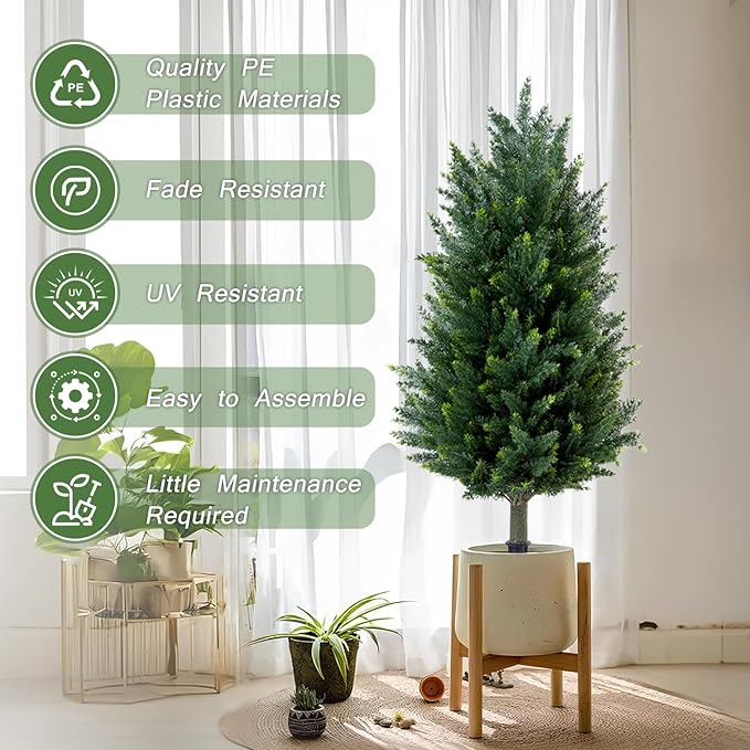 Pair Artificial Cedar Topiary Christmas Trees, 3ft UV-Resistant Faux Cypress shrubs w/Ground Spikes (Including Lights),Tall Evergreen Decorative Plants for Outdoor & Indoor Porch, Patio, and Garden