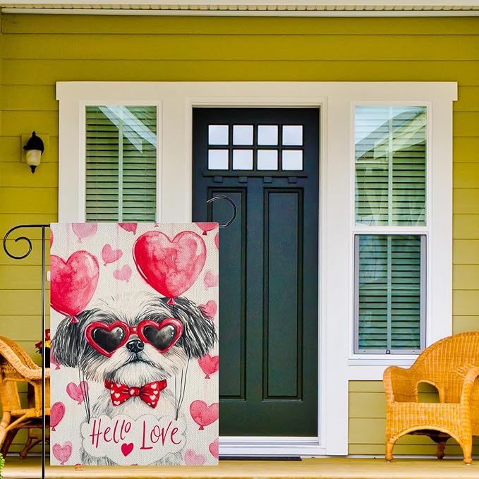 Valentine's Day Shih Tzu Hello Love Garden Flag, House Yard Plaid Love Heart Outside Decoration, Spring Holiday Wedding Anniversary Outdoor Small Decor 12x18(12640)