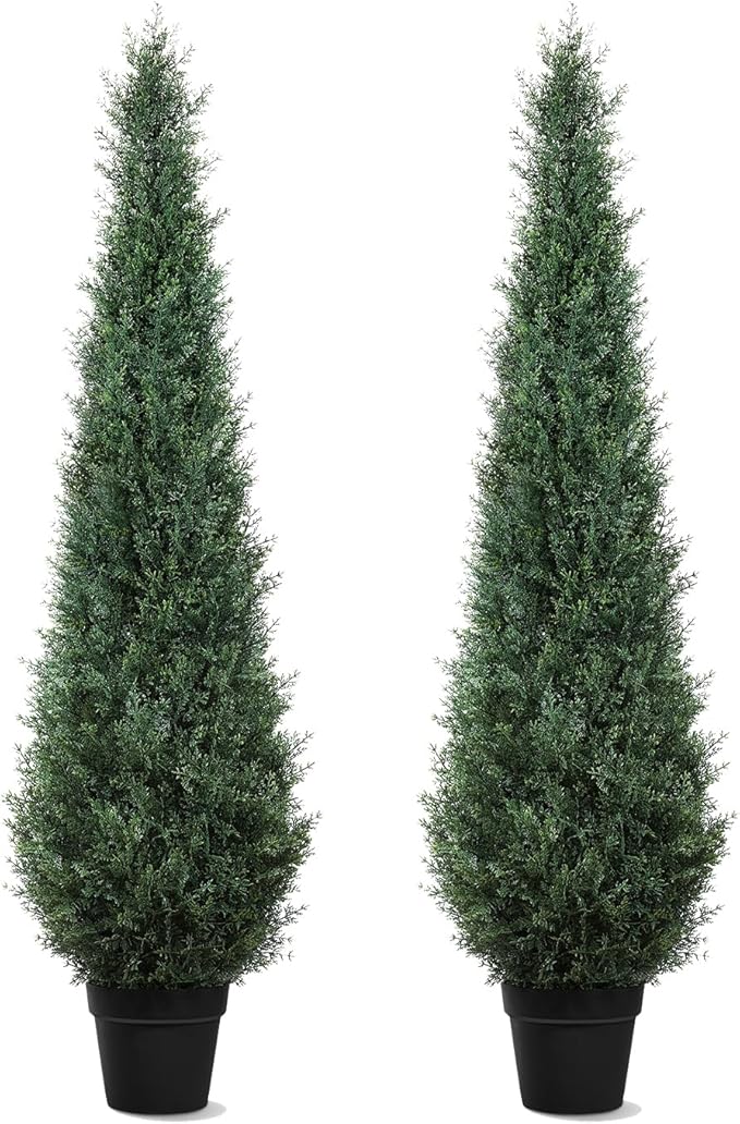 Artificial Trees for Outdoors, BUZIGUBY Artificial Cedar Topiary Trees, 5FT Topiary Trees Artificial Outdoors for Porch, Dense Arborvitae Tree for Front Door Patio Deck Balcony Yard Decor, 2 Pack