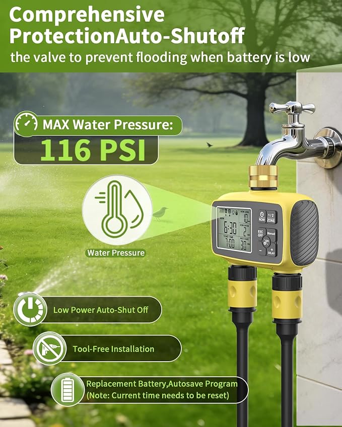 Smart Sprinkler Timer, 2-Zone Programmable Water Hose Timer with Rain Delay & Manual Mode, Outdoor Irrigation System for Garden, Lawn, Yard, Patio Drip Watering (Brass)