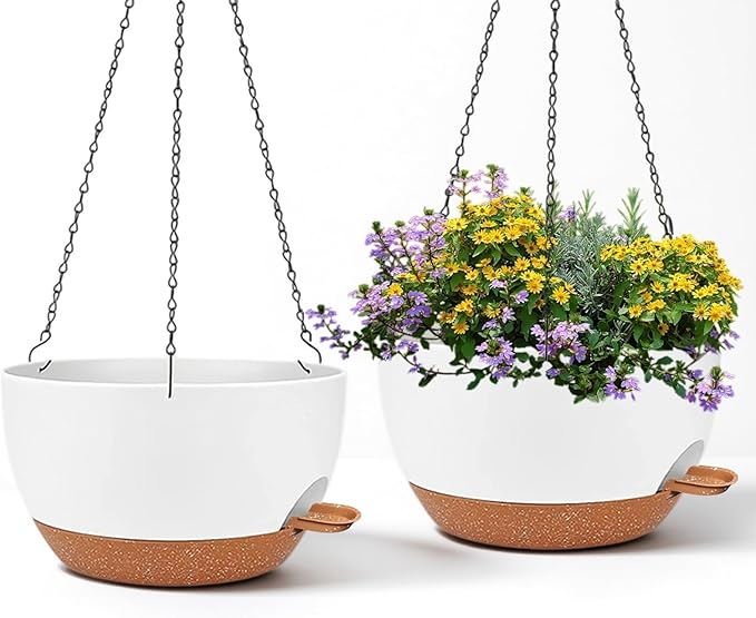 zople 2 Pack 12 Inch Large Hanging Planters with Chains Self Watering White Brown Plastic Hanging Pots for Indoor Outdoor Plants, Garden Porch Home Decor，White Brown
