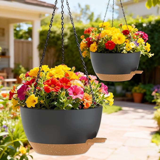 SQKH 12 Inch Hanging Baskets 2 PC with Chains, Self-Watering Hanging Planters for Indoor Outdoor Plants, Plastic Hanging Flower Pots,Black Brown