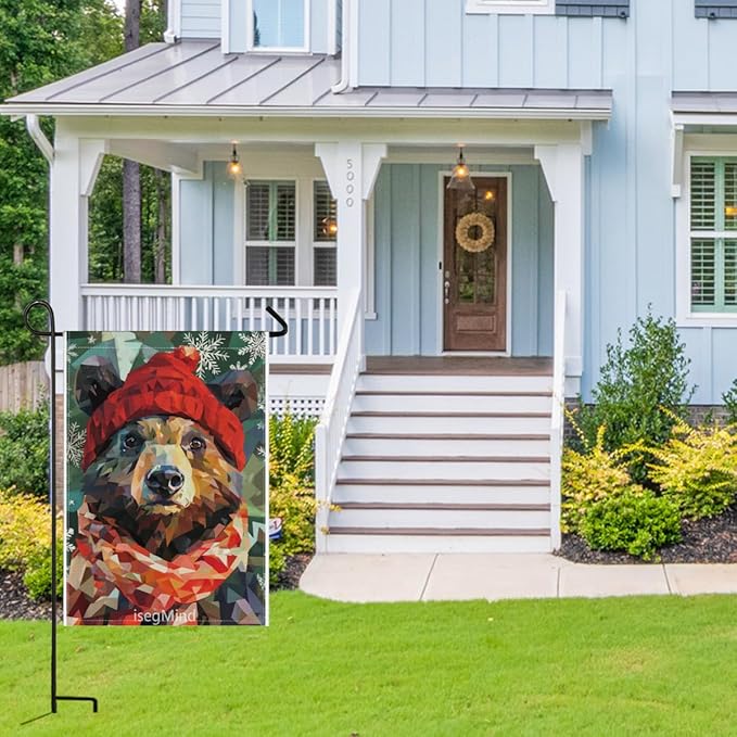 Bear with Red Scarf and Hat Snowflake Christmas Garden Flag, 28x40 Inch Double Sided Linen Holiday Red Winter Farmhouse Yard Outdoor Decoration (4322)