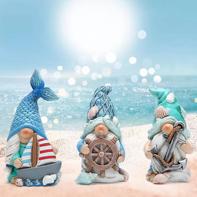 Hodao Ocean Gnome Figurines Set of 3, Nautical Resin Decor with Sailboat Anchor Helm Design, Cute Coastal Gnome Statues for Valentine’s Day Easter, All Season Home Decor