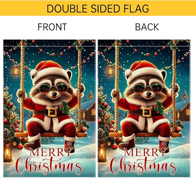 Christmas Garden Flag 12x18 Inch Double Sided Burlap Holiday Yard Flag Cute Raccoon in Santa Outfit Swinging with Lights Small Winter Outdoor Decorations for Lawn Porch