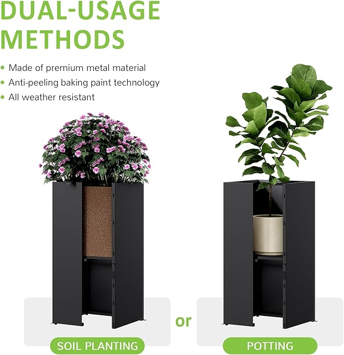 LAHAAP Set of 4 Planter Box Outdoor 30" H x 14.4" W x 13.6" D- Tall Planters for Outdoor Patio/Porch, All-Weather with Anti-Dumping Kit, Durable Galvanized Steel, Modern Design for Plants, Flower