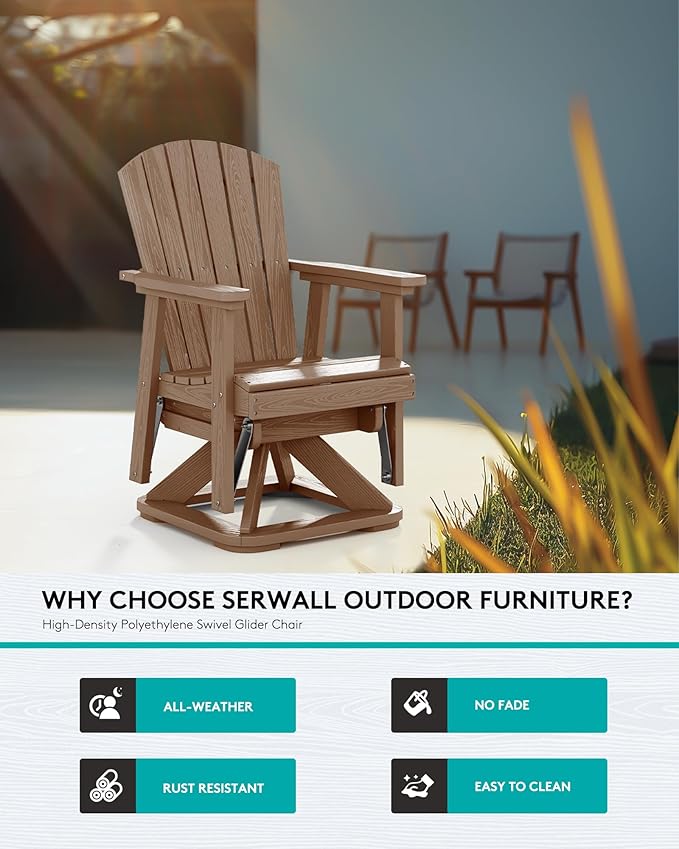 SERWALL Adirondack Swivel Glider Chair, HDPE Patio Glider Set of 2, All-Weather Glider Chair for Porch, Balcony, Wood Brown
