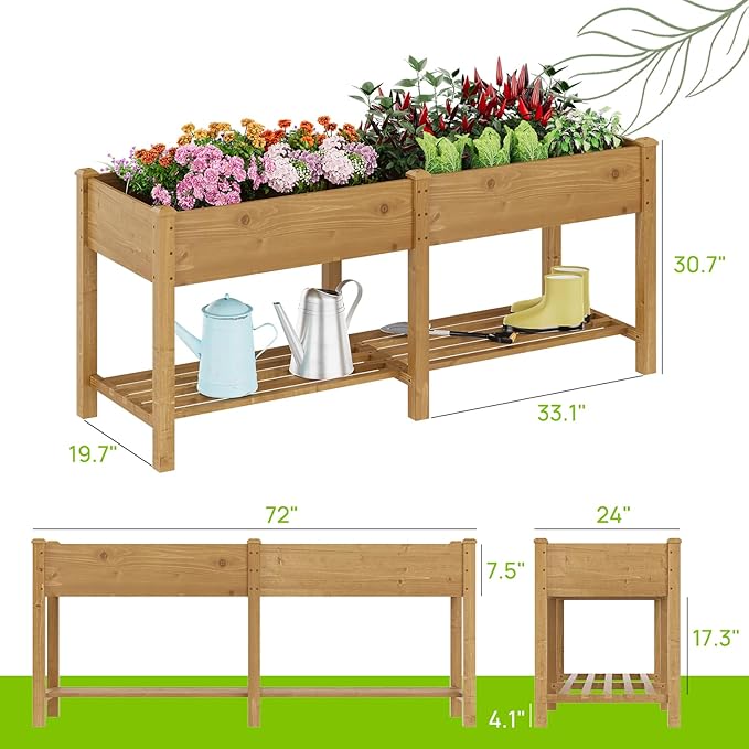 Raised Garden Bed, Planter Box with Storage Shelf, Elevated Wooden Planter Box with Legs, Garden Planter for Backyard, Patio, Balcony, Natural Wood (Brown, L)