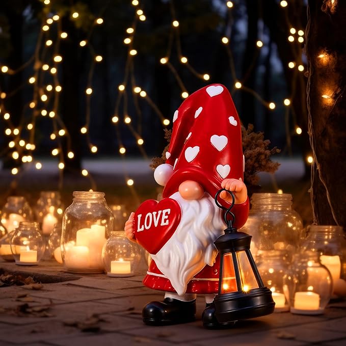 Retisee Solar Valentine's Day Garden Statue Resin Gnome Statue with Hearts LED Lights Outdoor Love Solar Light Figurine Decoration for Yard Patio Lawn Gift for Valentine's Day Anniversary
