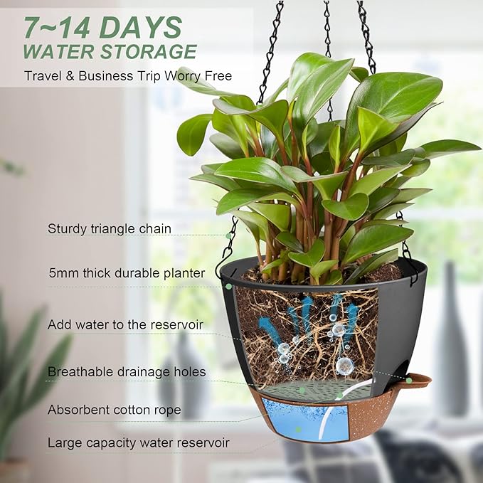 Vanslogreen Hanging Planters for Indoor Outdoor Plants, 2 Pack Self Watering Hanging Pot with Drainage Holes & Removable Tray (Black, 10'')