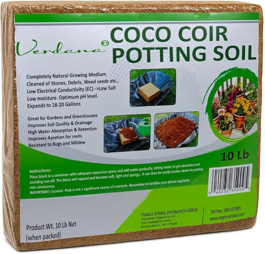 Verdana Coco Coir Potting Soil Brick – 10 Lb - Peat Moss Alternative for Potting Mix, Raised Bed Soil, Organic Gardening & Seed Starting - Compressed Coconut Fiber Block Expands to 18 Gallons