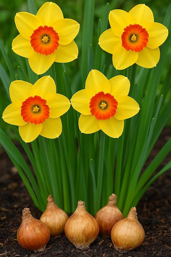 Red Devon Daffodil Bulbs for Planting – Large-Cupped Spring Flowers – Hardy Perennial – Bright Yellow Petals with Fiery Red-Orange Trumpets – Perfect for Gardens, Borders & Naturalizing (5 Bulbs)