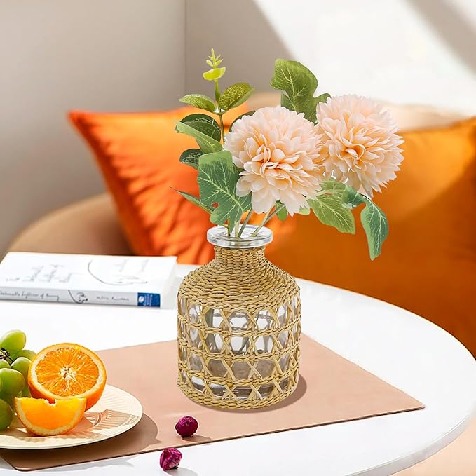 Flower Vases with Rattan Cover Straw Woven Glass Vase Boho Glass Flower Vase for Arrangement Table Decoration, 4.44''X1.77''X3.14'', B Style